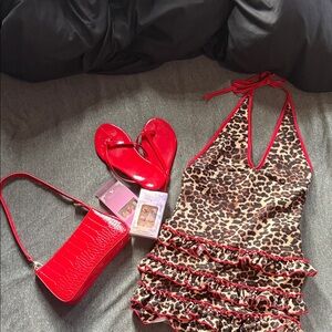 Leopard Print Halter Dress with Red Accents